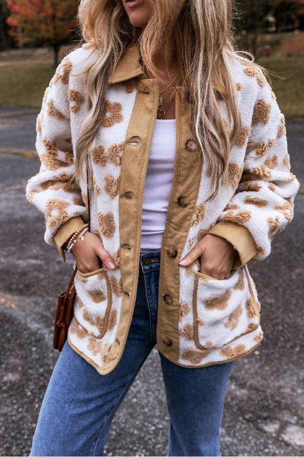 French Beige Sweet Floral pattern placket button jacket fleece