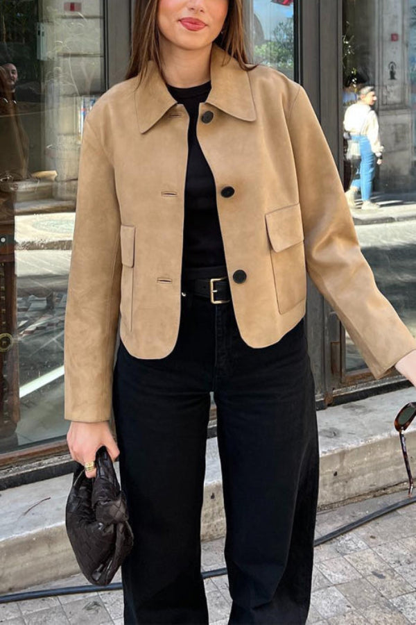 Button closure pocket faux suede Crop jacket