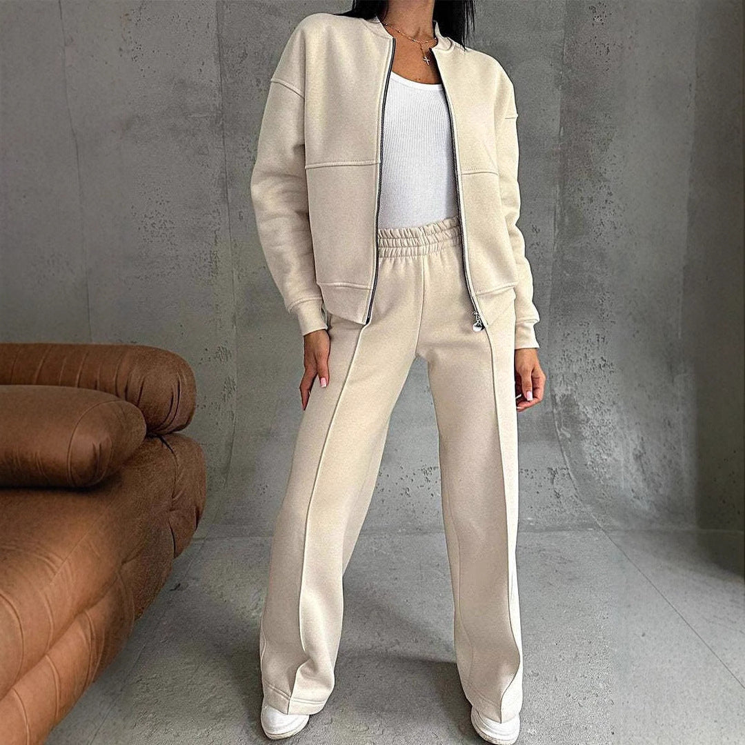 Woman in a zip jacket and wide-leg trousers set
