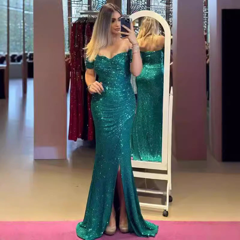 Woman in off-shoulder sequin evening gown