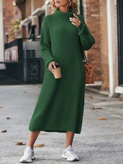 Woman in a long roll neck jumper dress