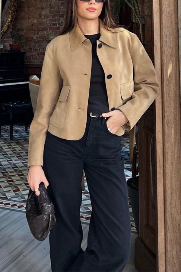 Button closure pocket faux suede Crop jacket