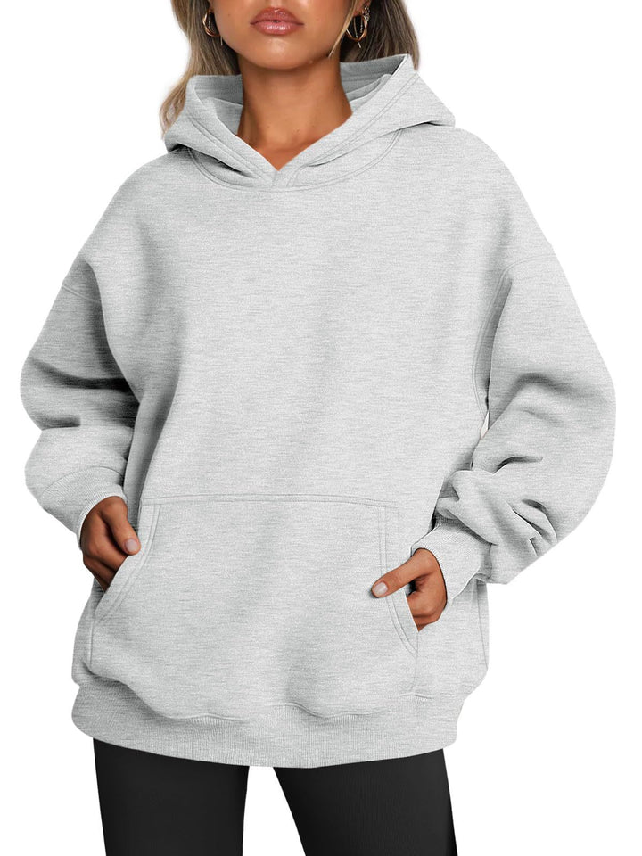 Woman in oversized fleece-lined hoodie