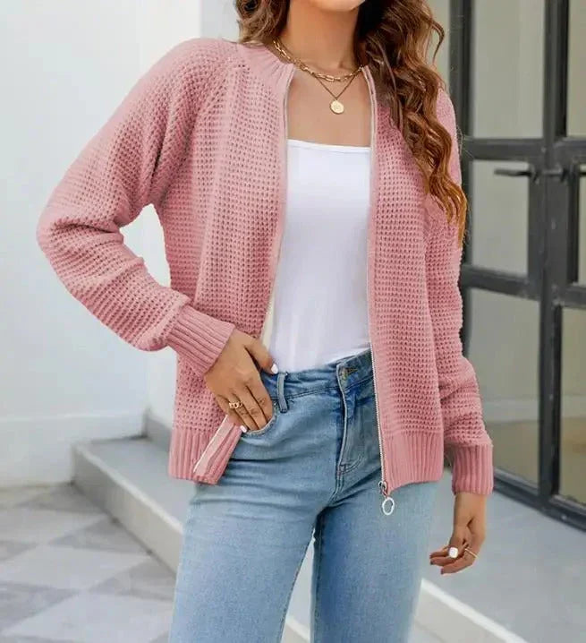Women's Zip-Up Cardigan Long Sleeve Round Neck