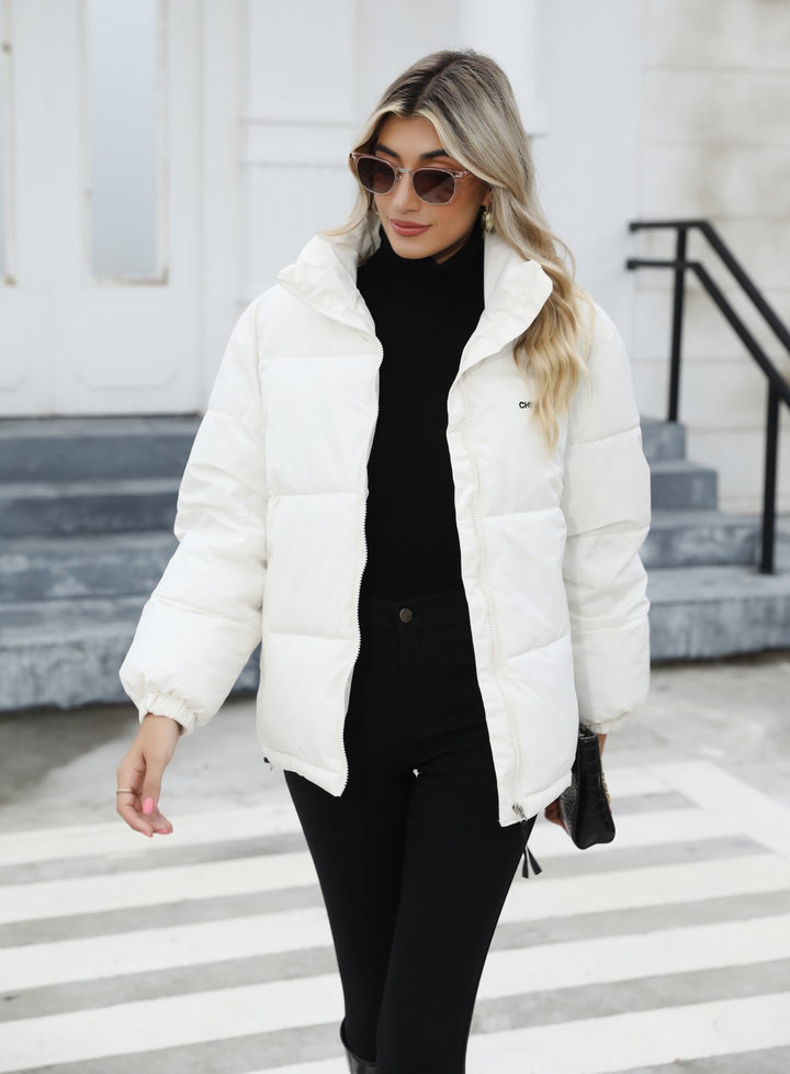 Woman wearing a padded puffer jacket