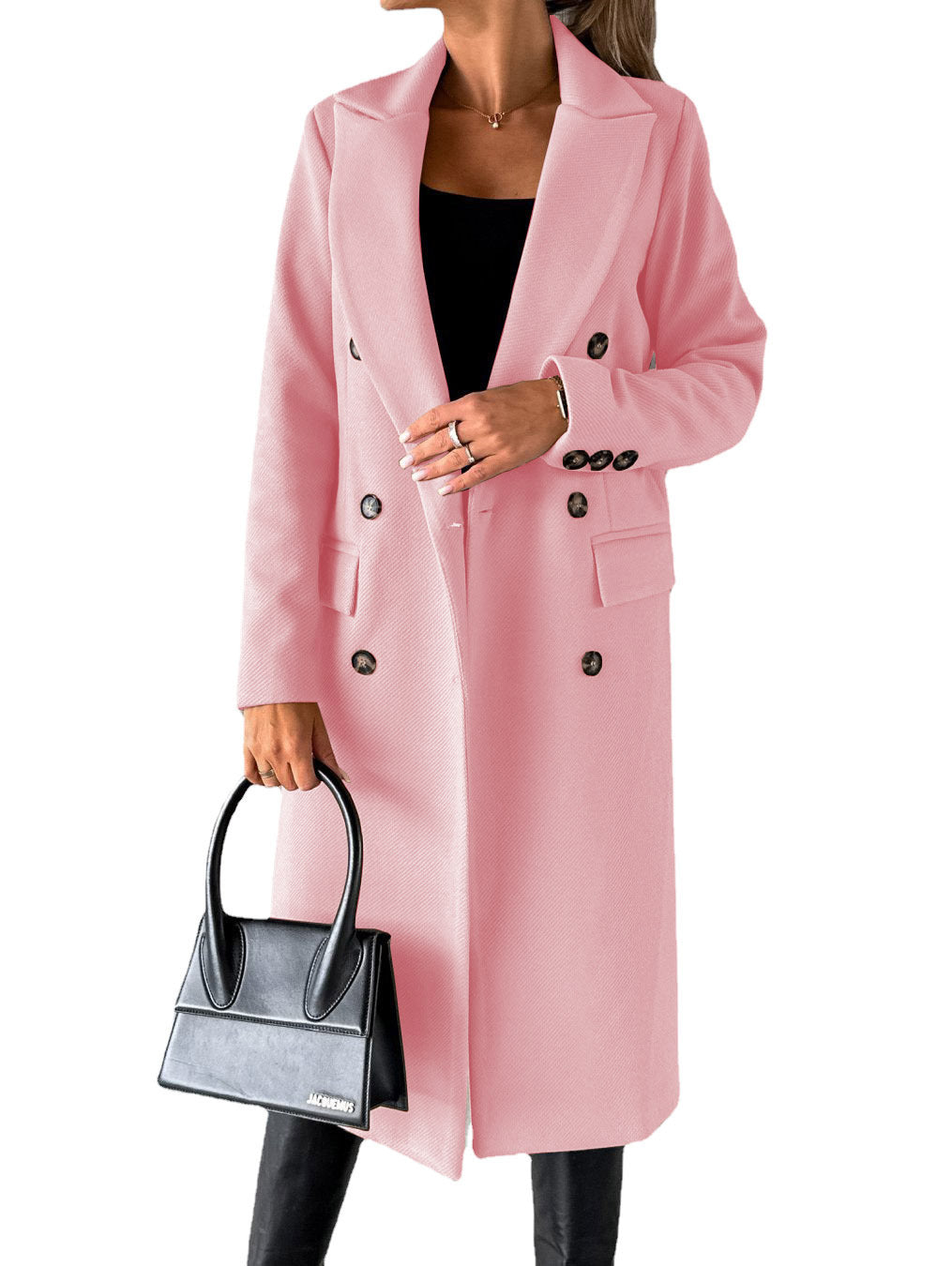 Woman in long double-breasted coat