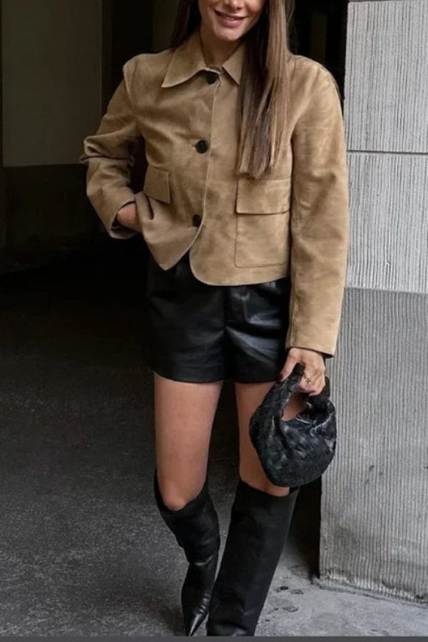 Button closure pocket faux suede Crop jacket