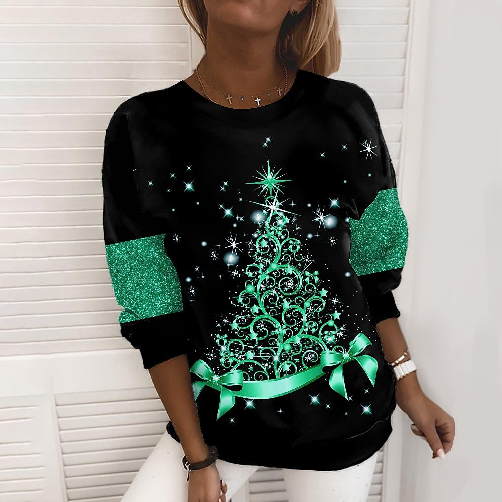 Woman in a glitter print Christmas sweatshirt
