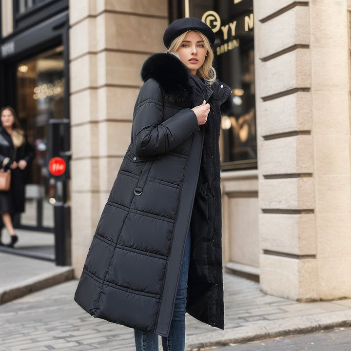 Woman in a long parka with faux fur hood