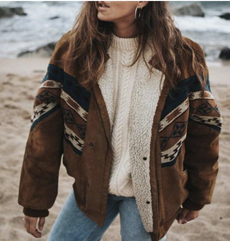 Jacket Plus size soft lining Boho pattern button Closure