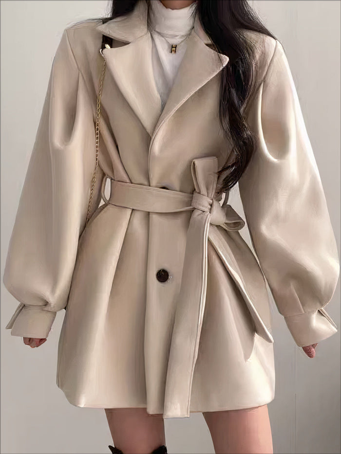 Women's Belted Wool-Blend Coat with Notched Collar